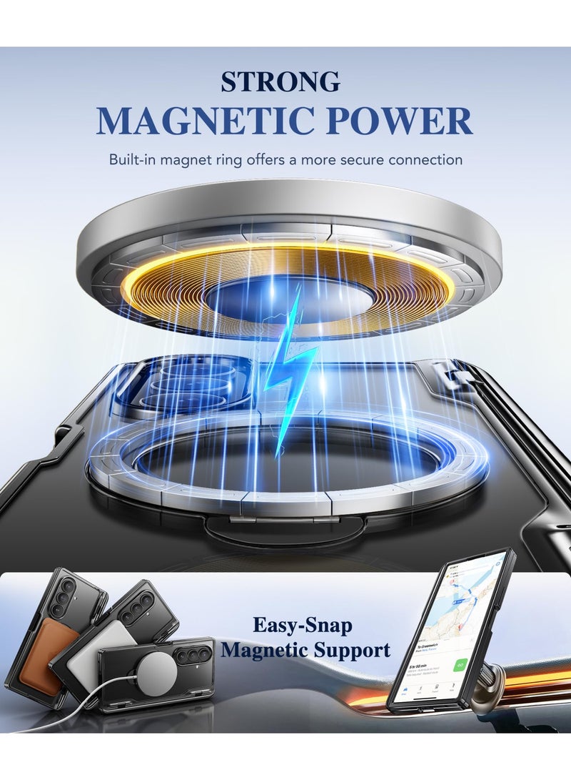 بيرفي جراب لهاتف سامسونج جالاكسي زد فولد 7 مع حامل مغناطيسي دوّار بزاوية 360 درجة، متوافق مع MagSafe، مزوّد بواقي شاشة مدمج، تصميم شفاف مطلي، حماية كاملة للجهاز، مقاوم للصدمات، جراب حماية لهاتف سامسونج جالاكسي زد فولد 7، أسود. - Image 3